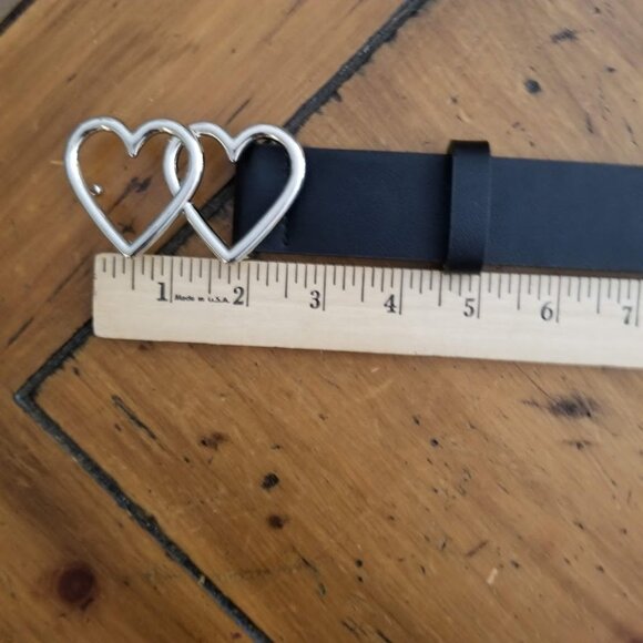 Double Heart Black Vegan Faux Leather Belt, Size S/M, Peg closure - Picture 5 of 8